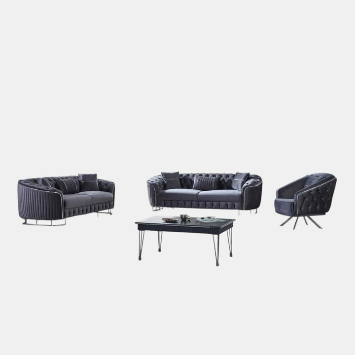 Julia Grey 3-Piece Stationary Sofa Set In Velvet Upholstery