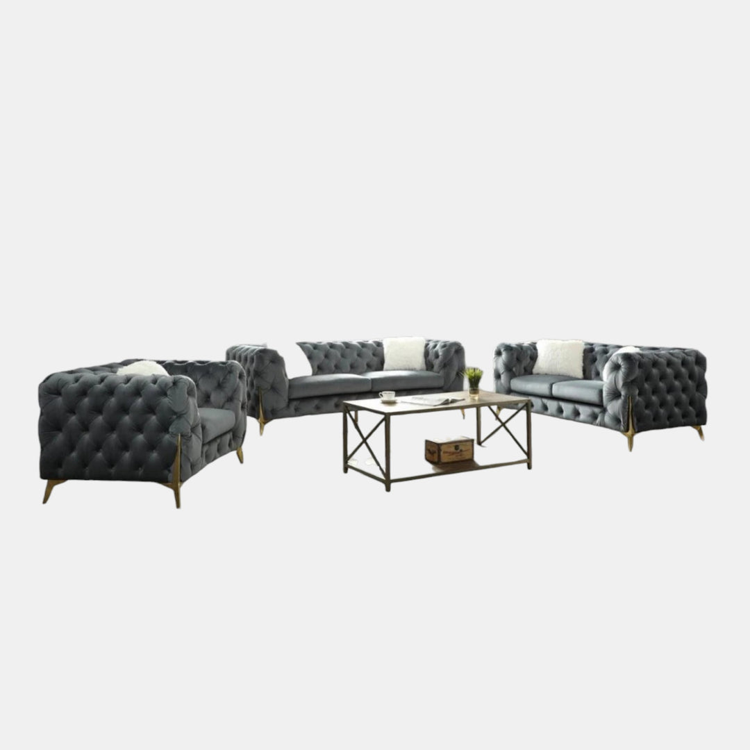 Oakley Grey 3-Piece Sofa Set In Velvet Upholstery