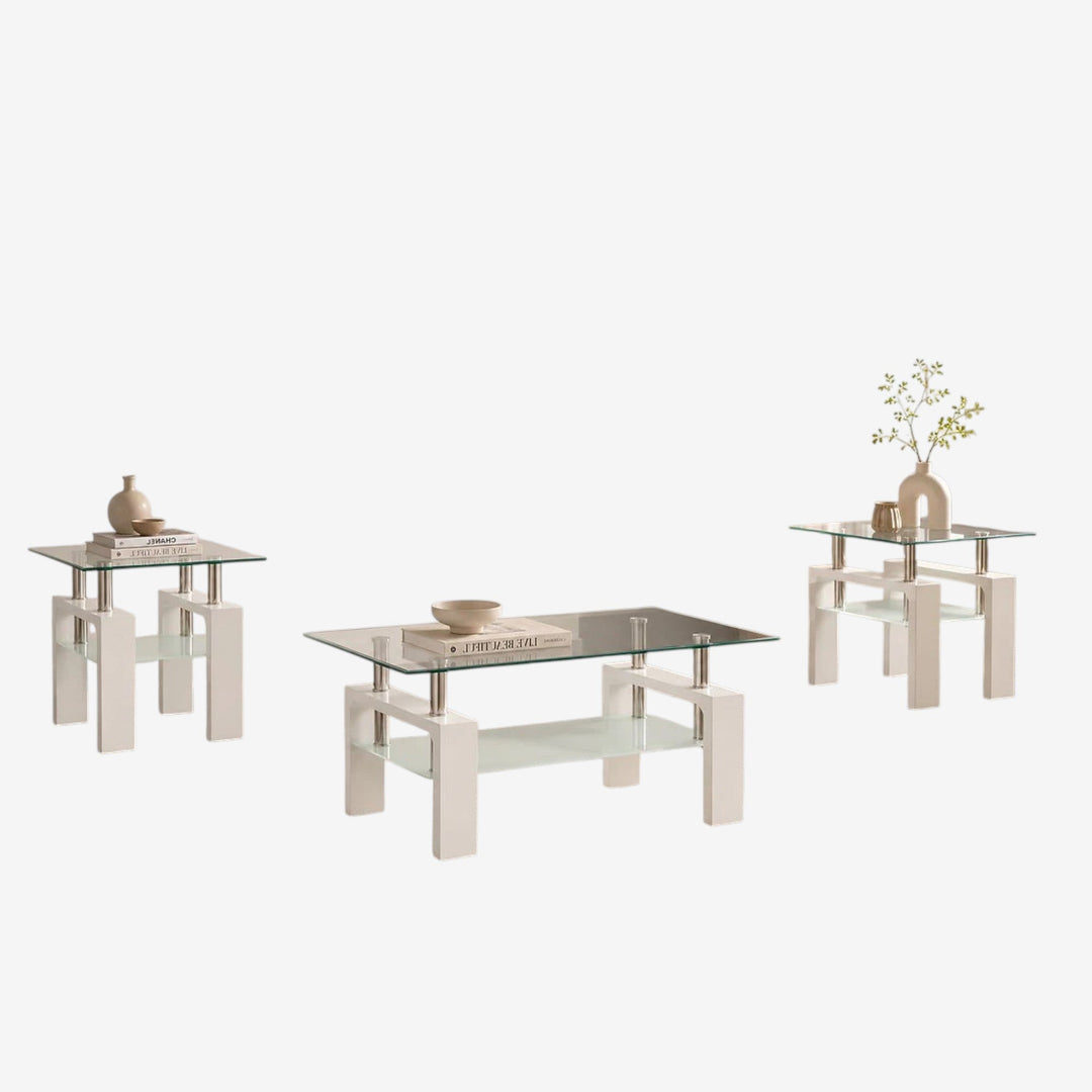 Odien White 3-Piece Coffee Table Set With Tempered Glass Top
