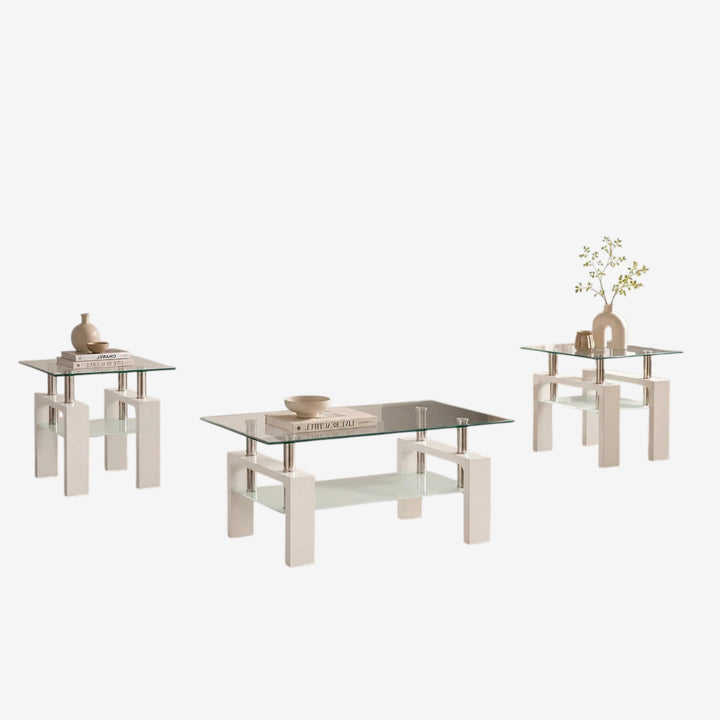 Odien White 3-Piece Coffee Table Set With Tempered Glass Top