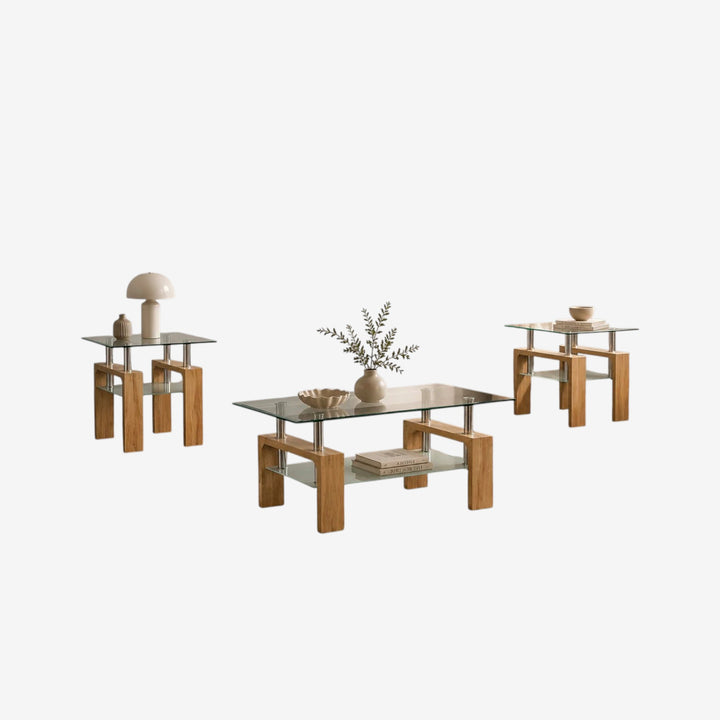 Odien Brown 3-Piece Coffee Table Set With Tempered Glass Top