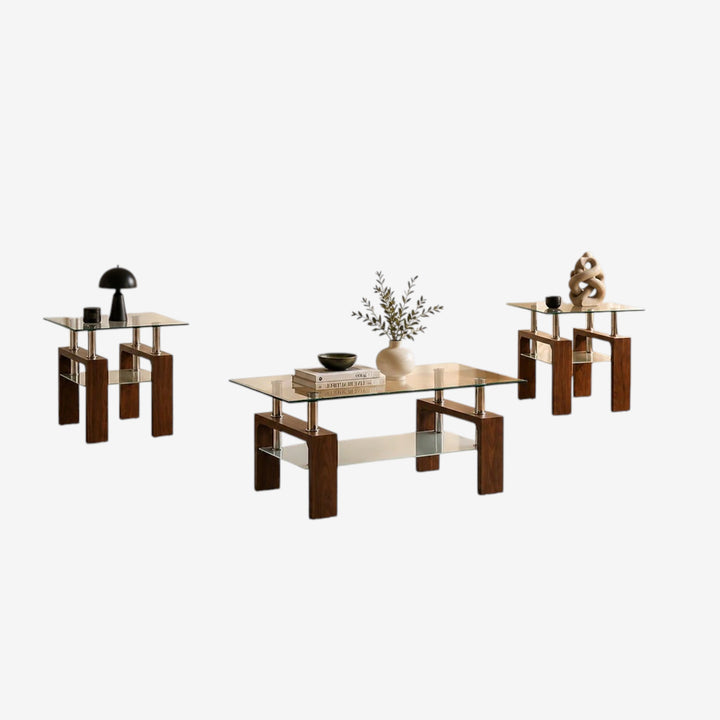 Odien Dark Brown 3-Piece Coffee Table Set With Tempered Glass Top