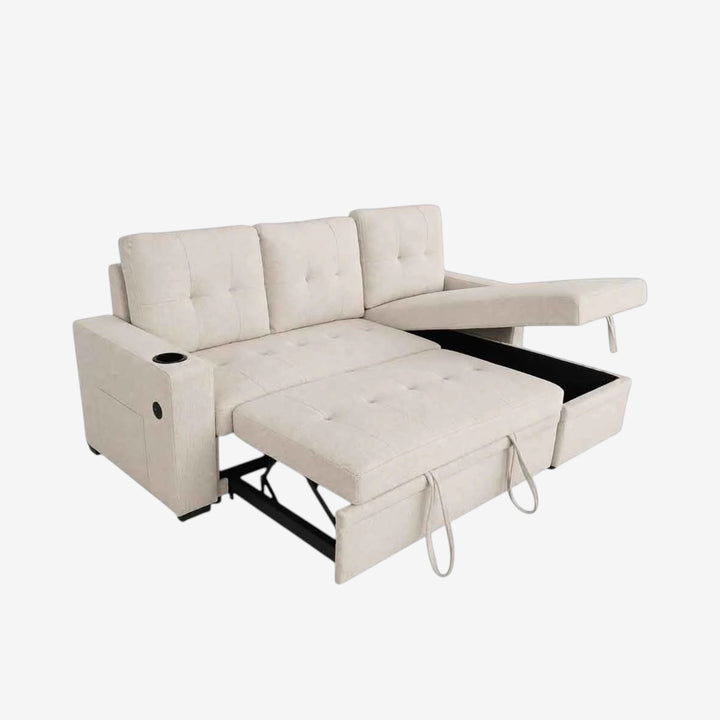 Evane Fabric Upholstered Sectional Sofa Bed With Reversible Storage Chaise &amp; USB Charing Ports - Beige
