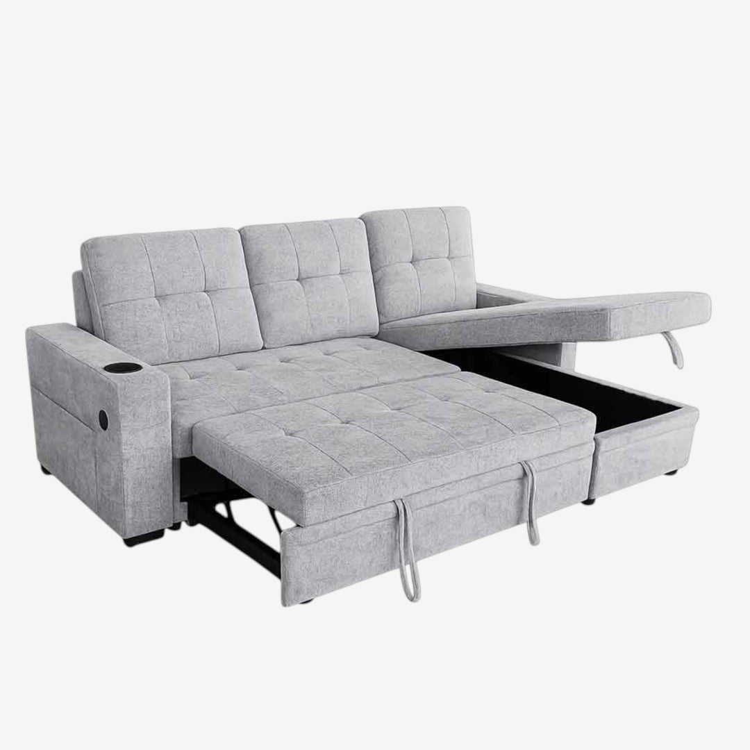 Evane Fabric Upholstered Sectional Sofa Bed With Reversible Storage Chaise &amp; USB Charing Ports - Grey