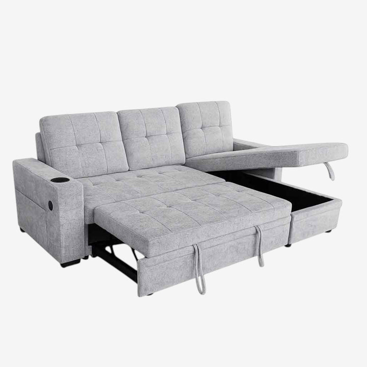 Evane Fabric Upholstered Sectional Sofa Bed With Reversible Storage Chaise &amp; USB Charing Ports - Grey