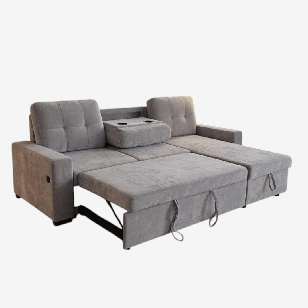 Howard Fabric Upholstered Sectional Sofa Bed With Reversible Storage Chaise &amp; USB Charging Ports - Grey