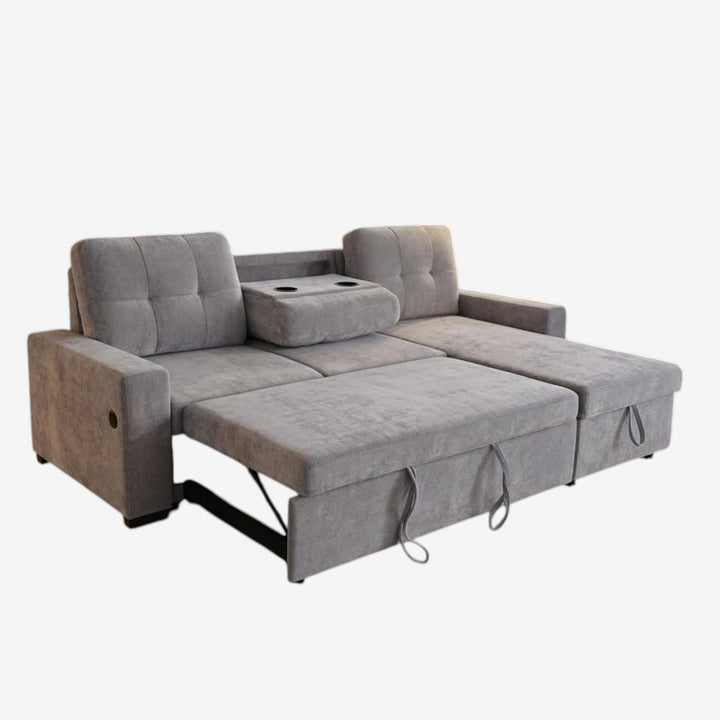 Howard Fabric Upholstered Sectional Sofa Bed With Reversible Storage Chaise &amp; USB Charging Ports - Grey