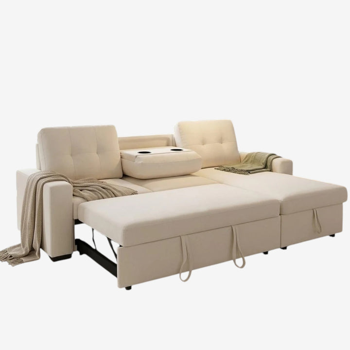 Howard Fabric Upholstered Sectional Sofa Bed With Reversible Storage Chaise &amp; USB Charging Ports - Beige
