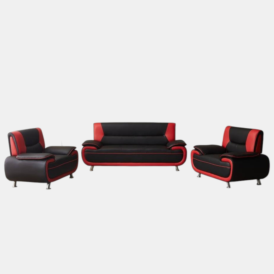 Munic Black &amp; Red 3-Piece Sofa Set In Faux Leather Upholstery