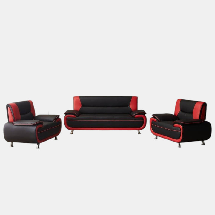 Munic Black &amp; Red 3-Piece Sofa Set In Faux Leather Upholstery