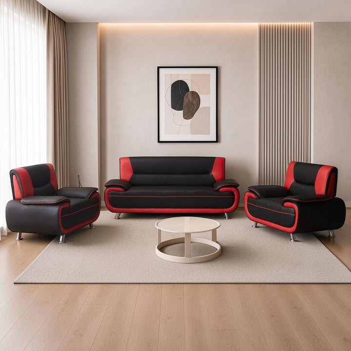 Munic Black &amp; Red 3-Piece Sofa Set In Faux Leather Upholstery