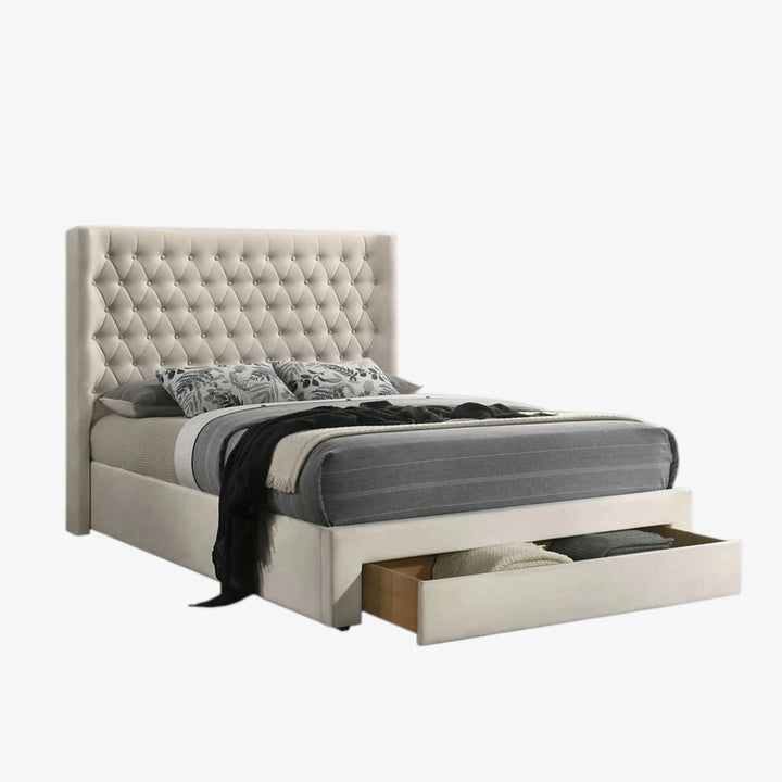 Rabio Ivory Fabric Upholstered Platform Bed Frame With Built-In Storage Drawer