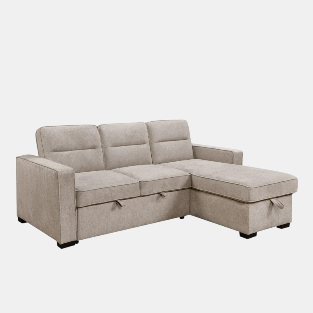 Menisia Taupe Fabric Sectional Sofa Bed with Reversible Storage Chaise - Front View