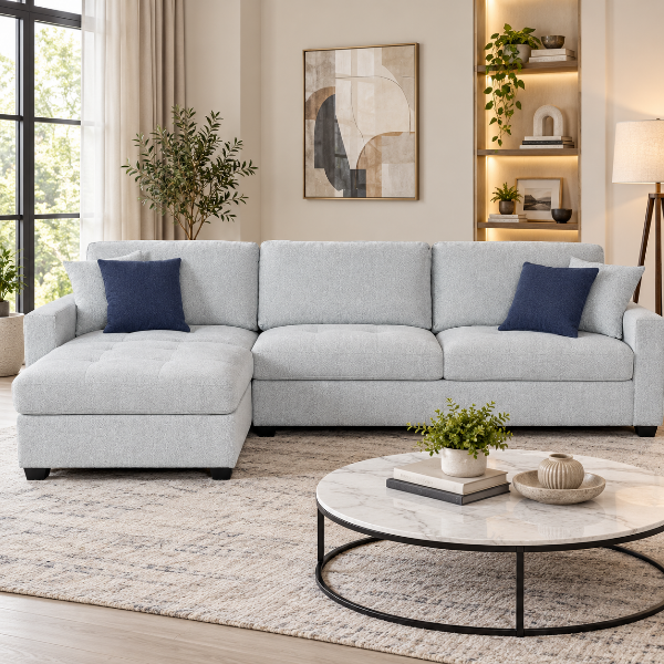 Duffy Sand Sectional Sofa In Fabric Upholstery With Reversible Chaise
