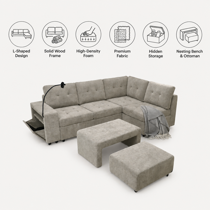 Leo Fabric Upholstered Sectional Sofa With Nesting Bench &amp; Ottoman - Beige