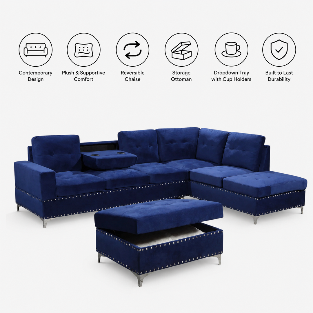 Damien Fabric Upholstered Sectional Sofa With Storage Ottoman - Blue