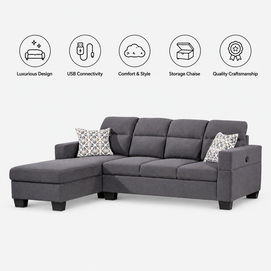 Capri Fabric Upholstered Sectional Sofa With Built-In USB Charging Ports - Grey