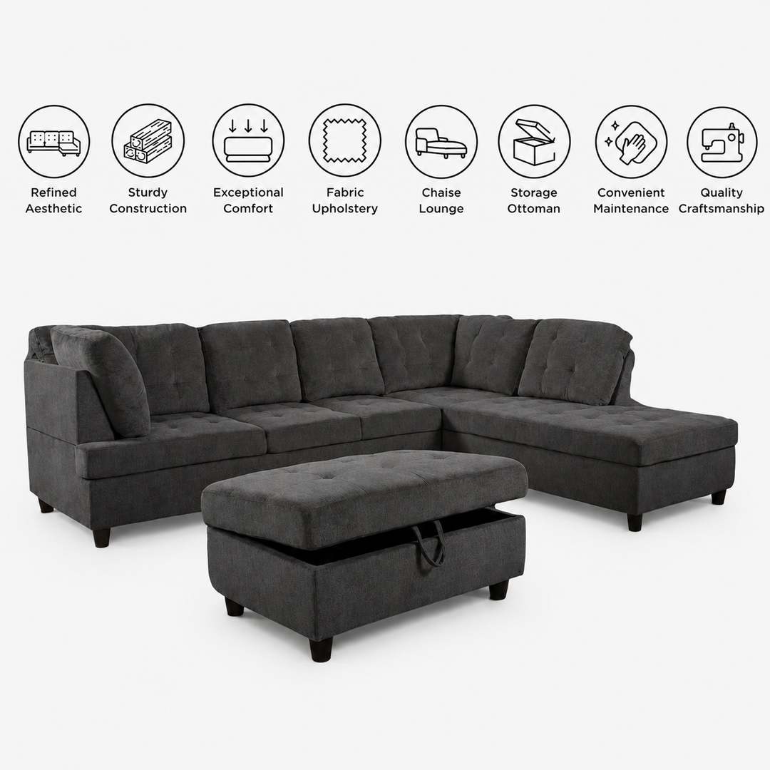 Elvario 2-Piece Fabric Upholstered Sectional Sofa With Storage Ottoman - Dark Grey | Available In LHF/ RHF Configuration