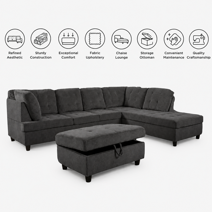 Elvario 2-Piece Fabric Upholstered Sectional Sofa With Storage Ottoman - Dark Grey | Available In LHF/ RHF Configuration