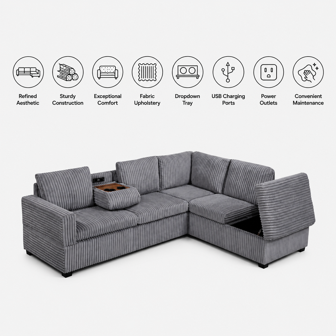 Samuel Fabric Upholstered Sectional Sofa With Reversible Corner Chaise - Grey