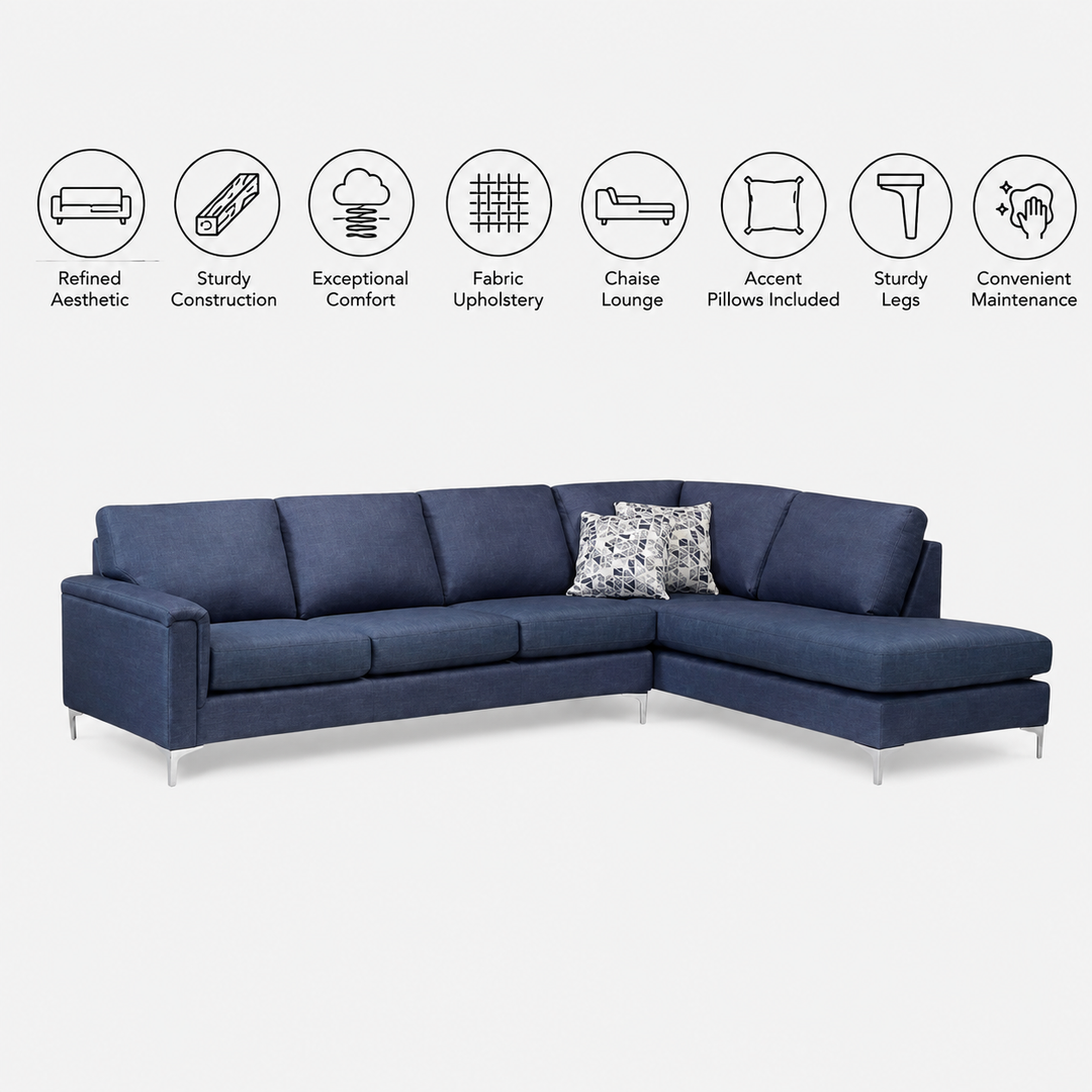 Monarch Fabric Upholstered Sectional Sofa With RHF Corner Chaise - Blue