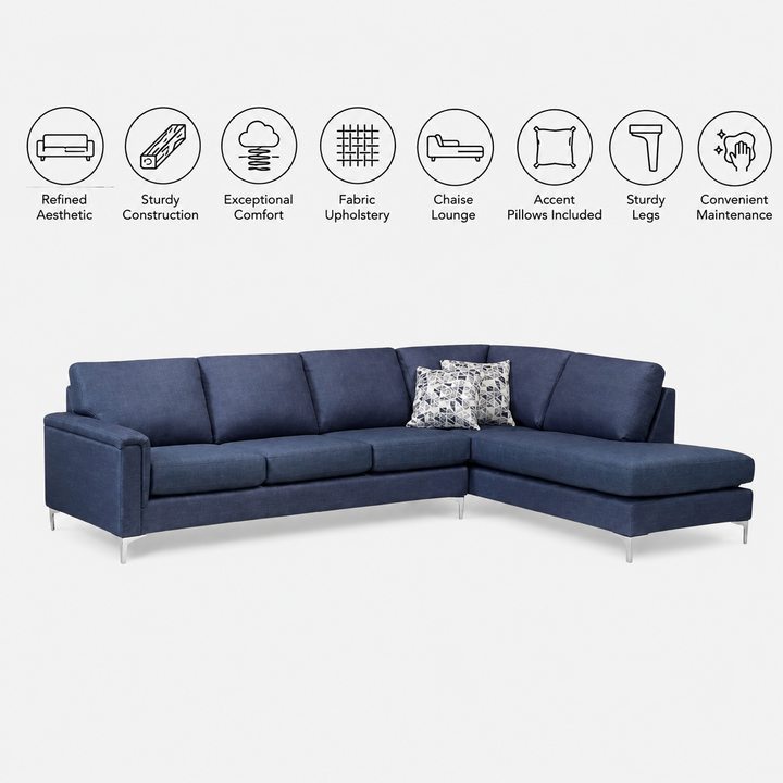 Monarch Fabric Upholstered Sectional Sofa With RHF Corner Chaise - Blue