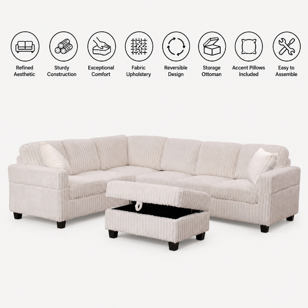 Xavier Fabric Upholstered Sectional Sofa With Storage Ottoman - Beige | Modern, Comfortable &amp; Reversible