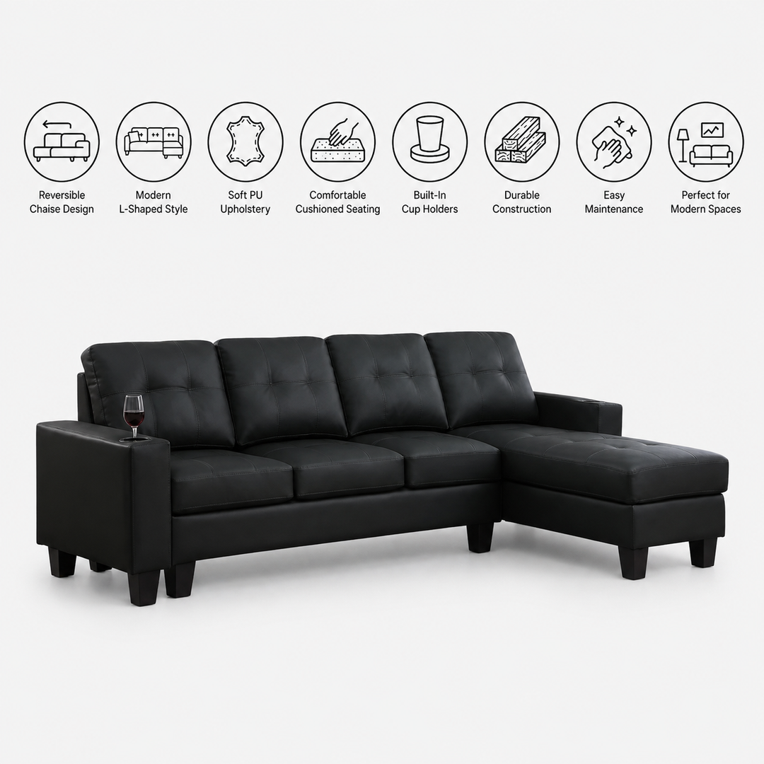 Bexen Black PU Sectional Sofa with Reversible Chaise &amp; Cup Holders