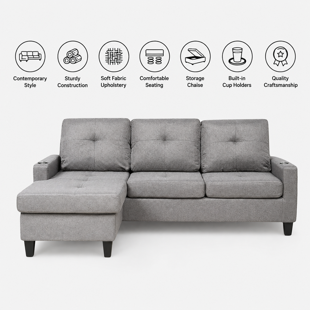 Reeves Sectional Sofa With Built-in Cup Holders &amp; Reversible Chaise - Tempting Grey