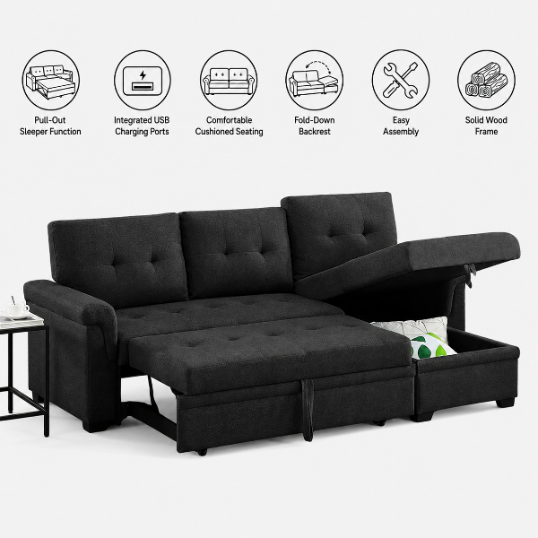 Trenton Sectional Sofa Bed With Reversible Storage Chaise &amp; USB Charging Ports - Black