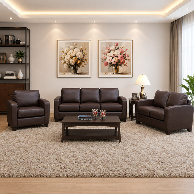 Liora 3-Piece Sofa Set In Leather Upholstery - Chocolate
