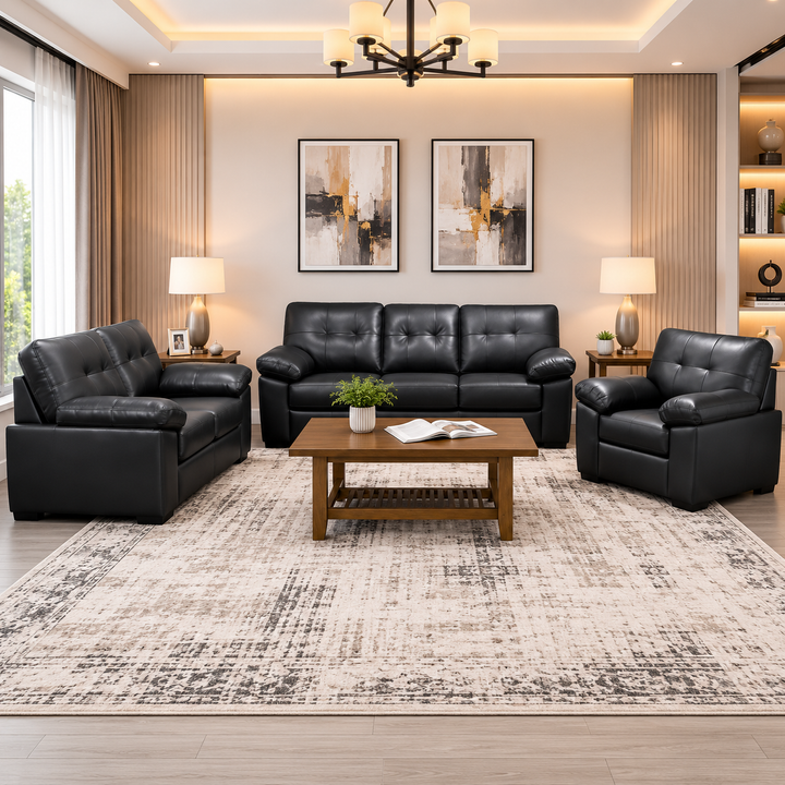 Diora 3-Piece Sofa Set In Leather Upholstery - Black