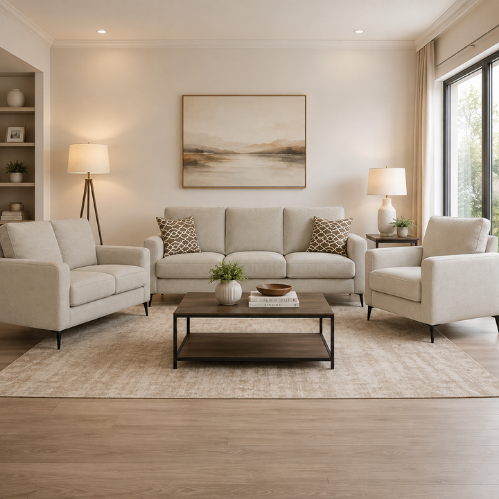 Veyra 3-Piece Stationary Sofa Set In Fabric Upholstery - Beige