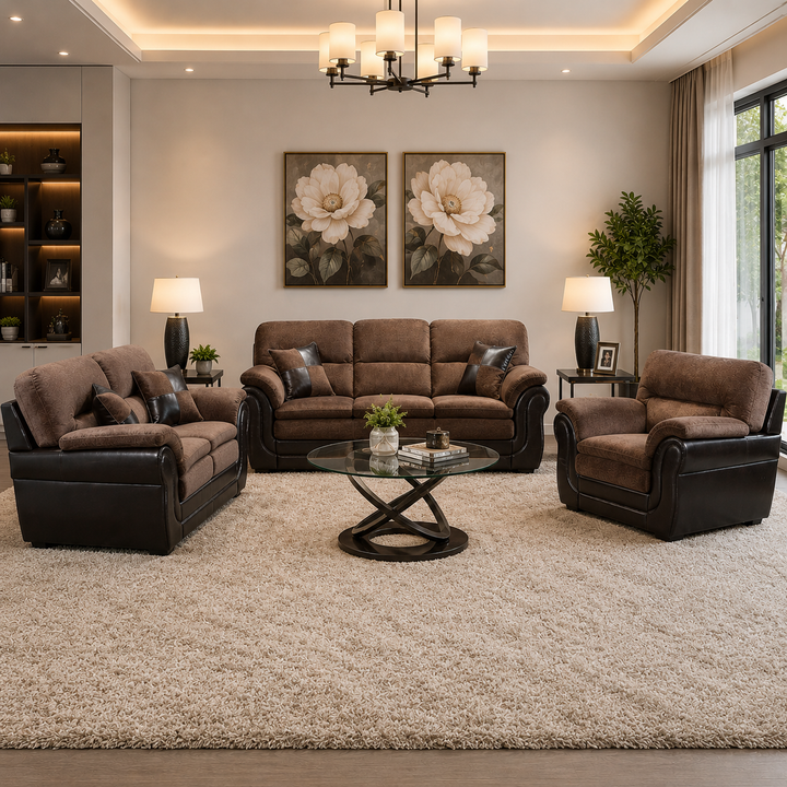 Oaklyn 3-Piece Fabric Upholstered Sofa Set In Brown/ Chocolate Finish