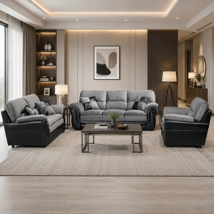 Oaklyn 3-Piece Fabric Upholstered Sofa Set In Grey/ Black Finish