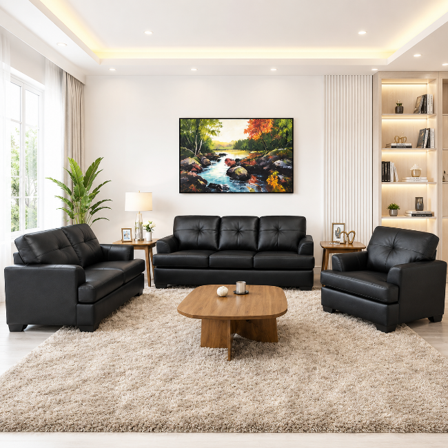 Oslo 3-Piece Sofa Set In Leather Upholstery - Black