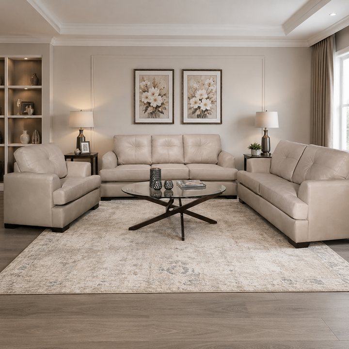 Oslo 3-Piece Sofa Set In Leather Upholstery - Bisque