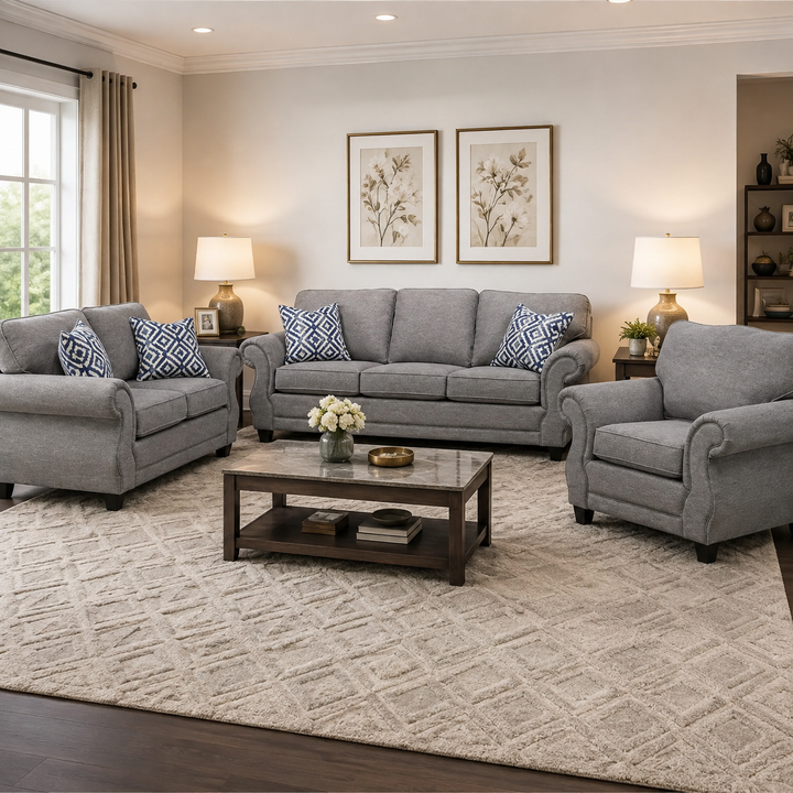 Maple 3-Piece Transitional Sofa Set In Fabric Upholstery - Arbour Grey