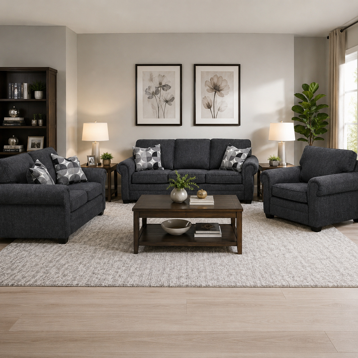 Solstice 3-Piece Transitional Sofa Set In Fabric Upholstery - Charcoal