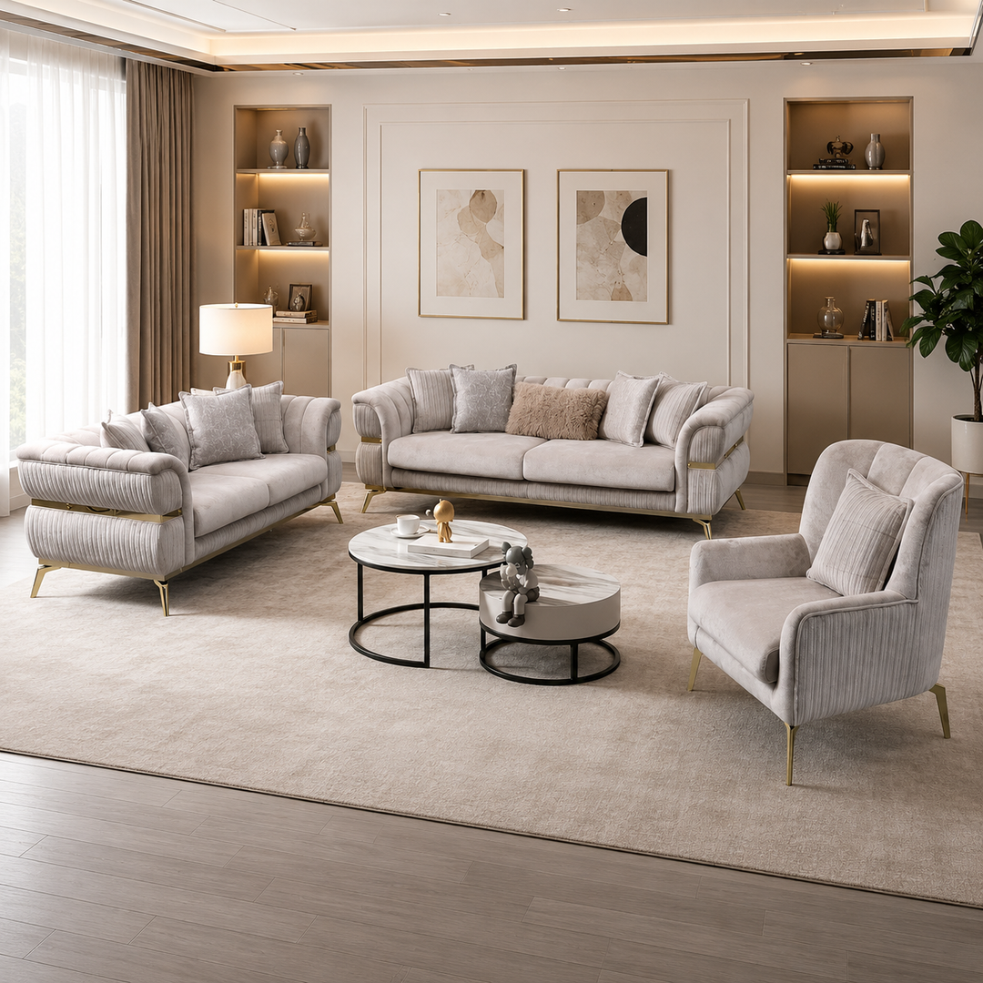 Swann 3-Piece Stationary Sofa Set In Fabric Upholstery - Beige/ Gold