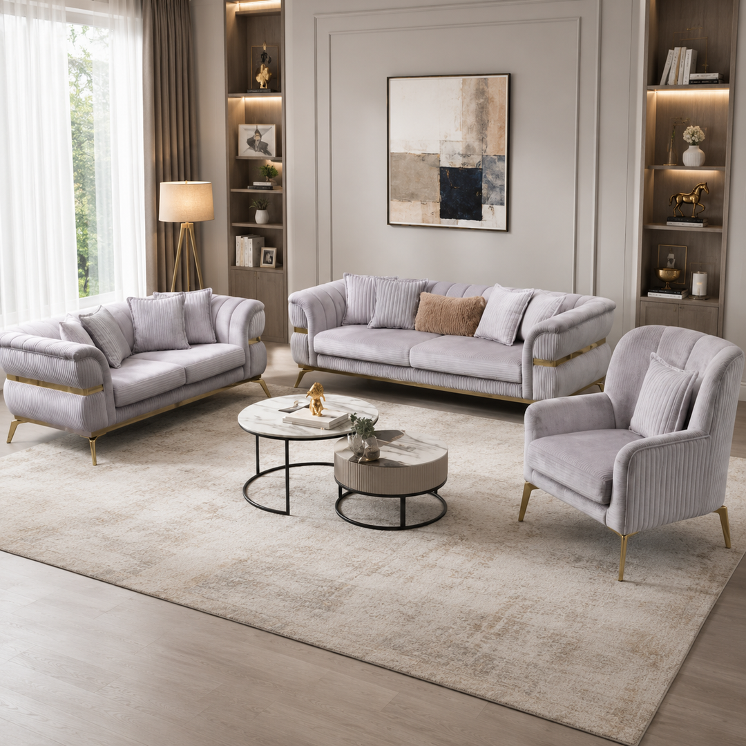 Swann 3-Piece Stationary Sofa Set In Fabric Upholstery - Grey/ Gold
