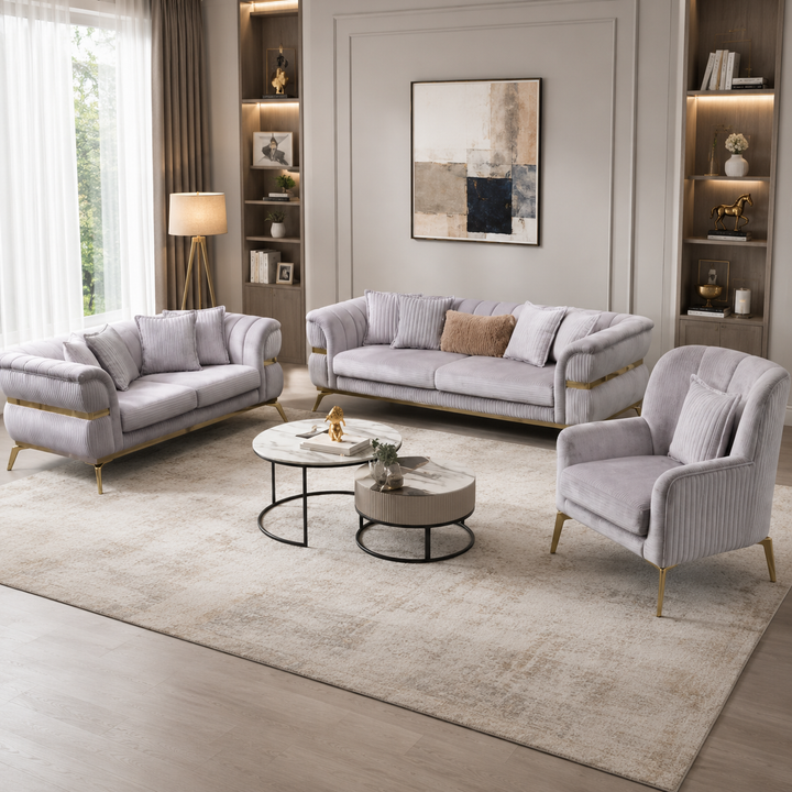 Swann 3-Piece Stationary Sofa Set In Fabric Upholstery - Grey/ Gold