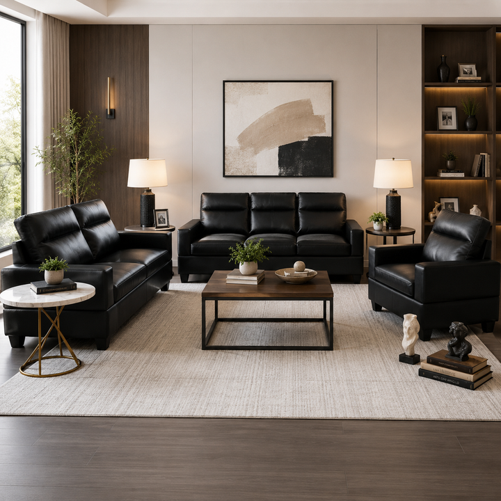 Loom 3-Piece Stationary Sofa Set In Leatherette Upholstery - Black