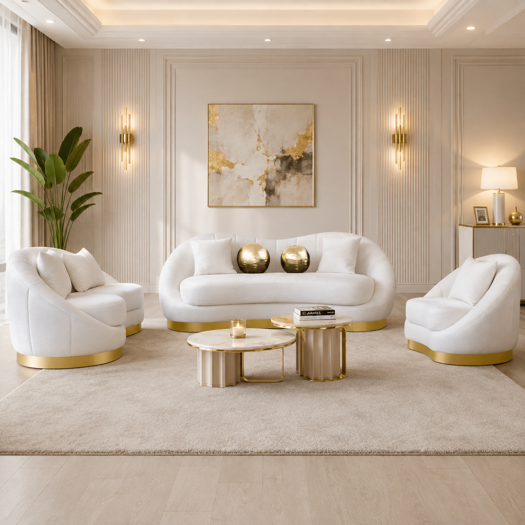 Marnus 3-Piece Velvet Upholstered Sofa Set In White/ Gold Finish