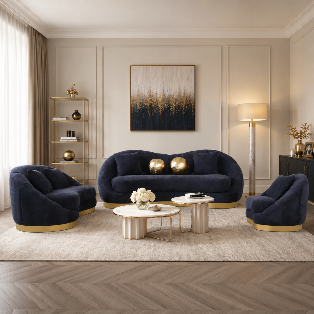 Marnus 3-Piece Velvet Upholstered Sofa Set In Black/ Gold Finish
