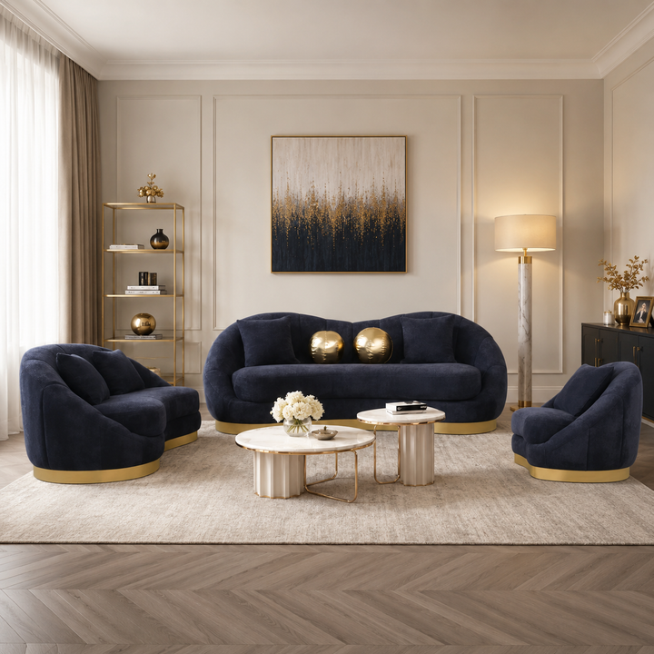 Marnus 3-Piece Velvet Upholstered Sofa Set In Black/ Gold Finish