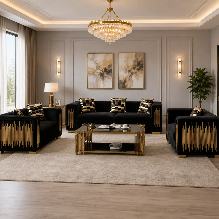 Fegma 3-piece Velvet Upholstered Sofa Set In Black/ Gold Finish