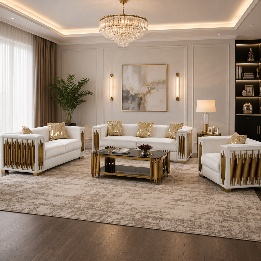 Fegma 3-piece Velvet Upholstered Sofa Set In White/ Gold Finish
