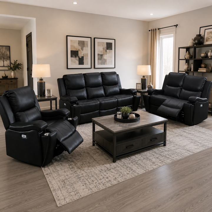 Lexar 3-Piece Power Recliner Set In Leather Gel Upholstery - Midnight Black