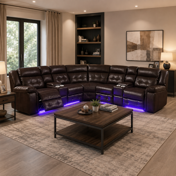 Regent 5-Seater Sectional Recliner With Bottom LED Lights - Chocolate